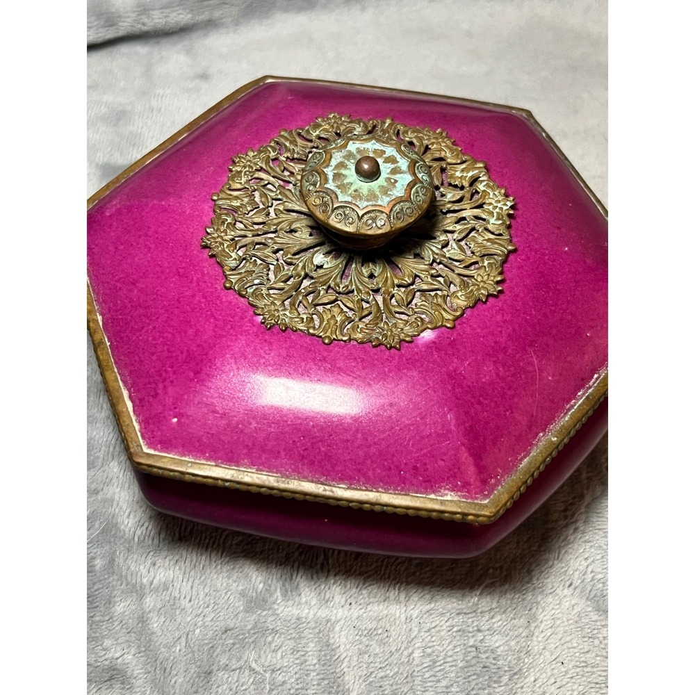 Vintage Germany Magenta Porcelain Trinket Box Brass Filigree Vanity Jewelry Dish